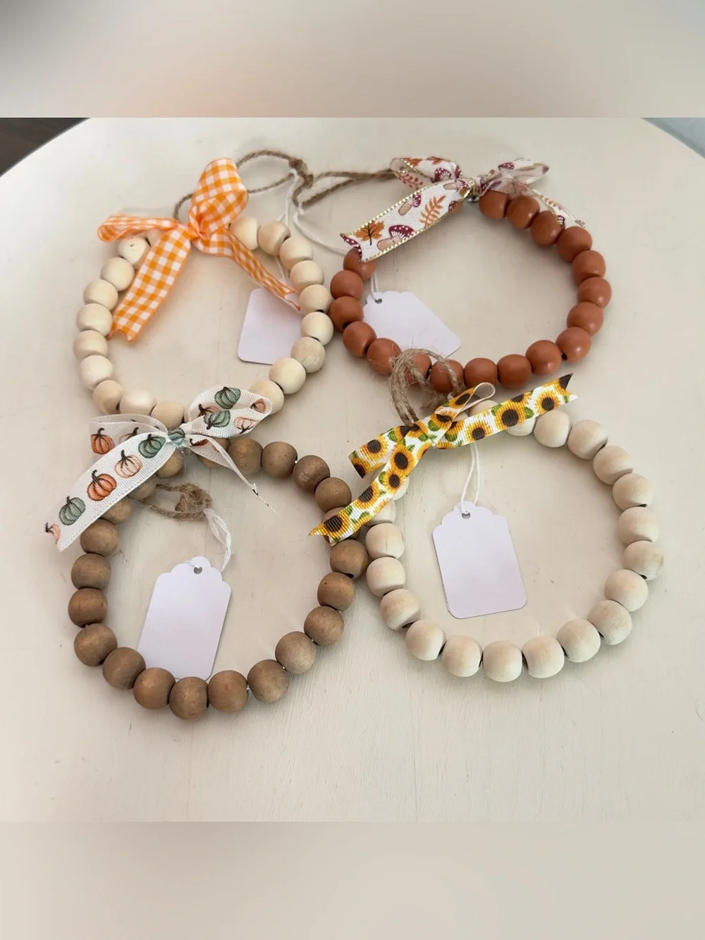 4 Handmade Fall Wood Beaded Wreath Ornaments